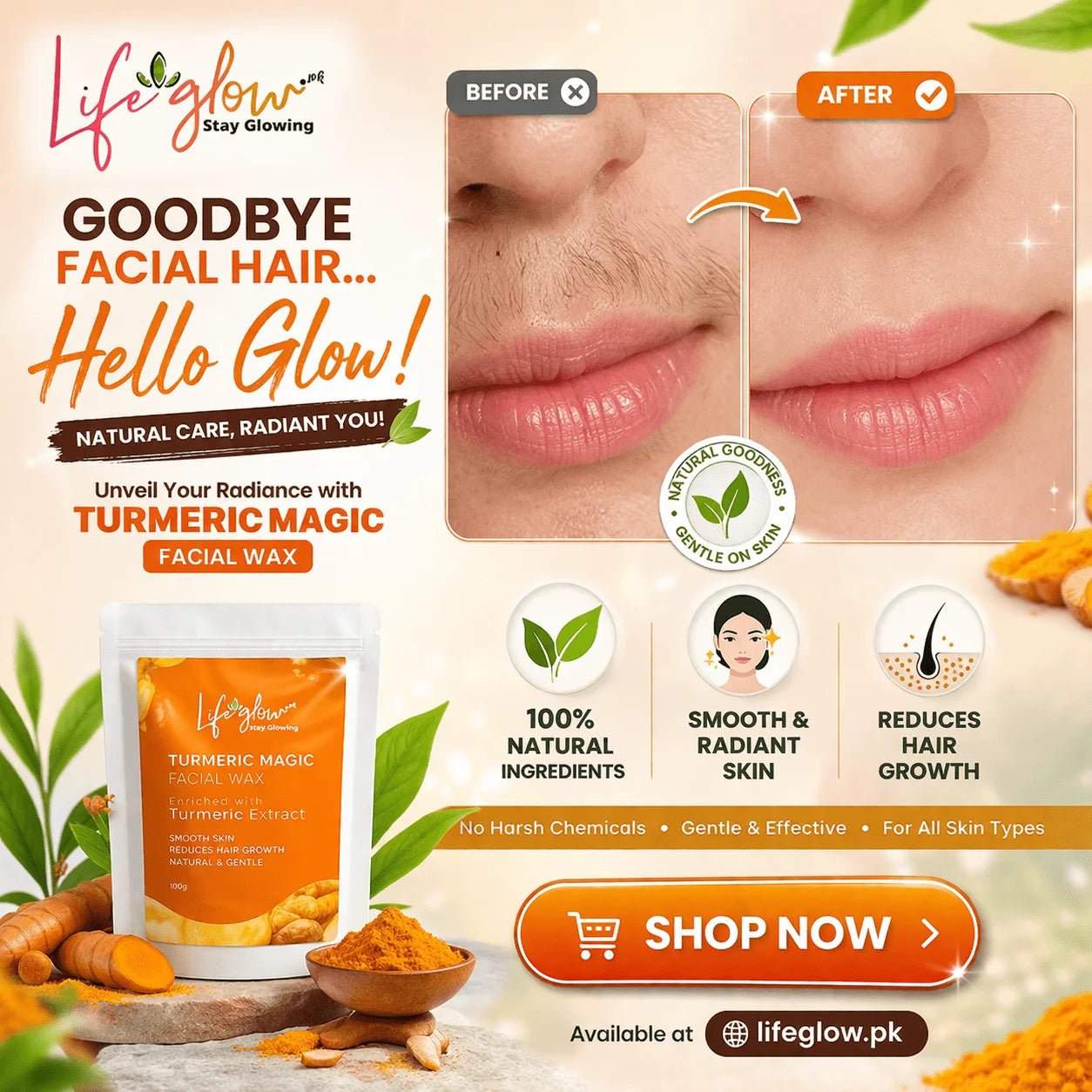 Natural Turmeric Facial Wax Powder, Painless Hair Removal - lifeGlow