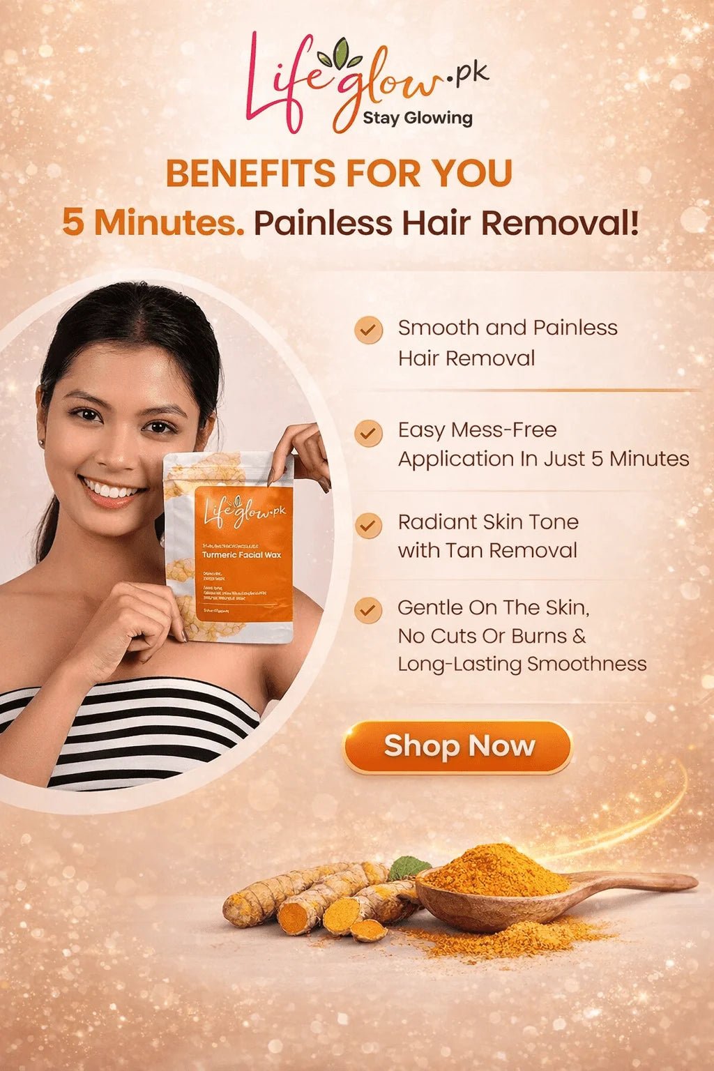 Natural Turmeric Facial Wax Powder, Painless Hair Removal - lifeGlow